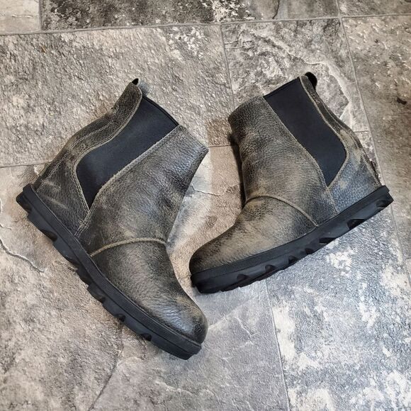 Sorel Joan Of Arctic Wedge II Distressed Quarry Gray Leather Chelsea Wedge Boots - Picture 4 of 9